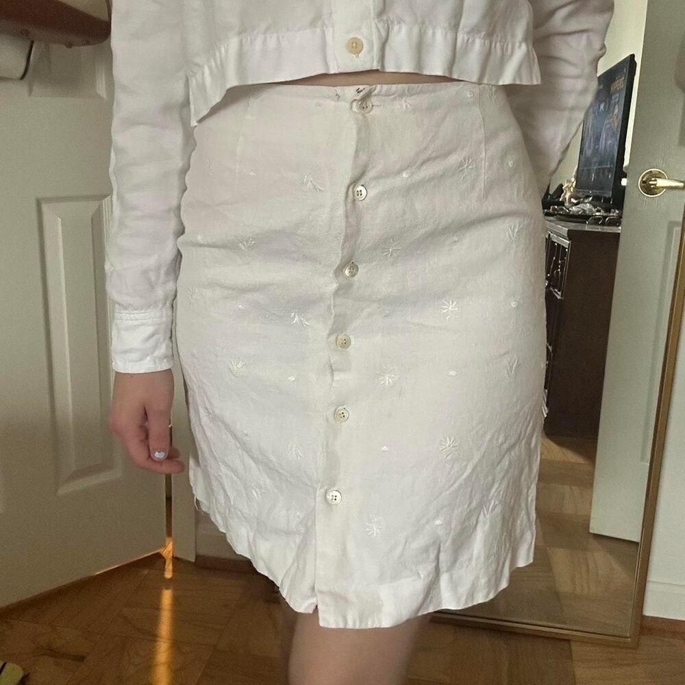 Vintage high waisted white Irish linen button mini skirt